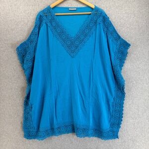 La Blanca One Size Crochet Trim Cover‎ Up V-Neck Top Swim Beach Pool Resort Blue